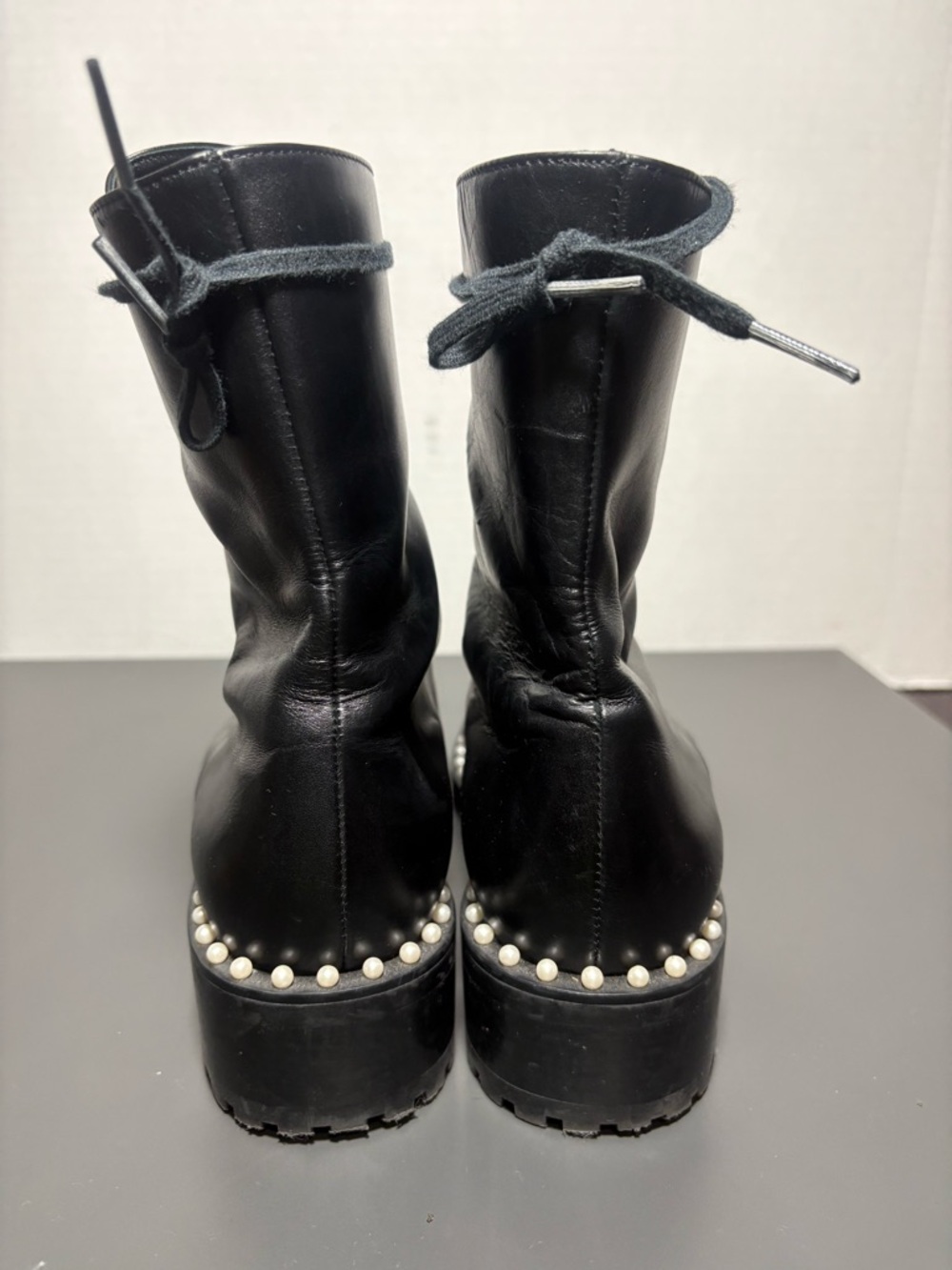 STUART WEITZMAN Sondra Black Leather Pearl-Trim Lace-Up Combat Boot - Picture 5 of 10